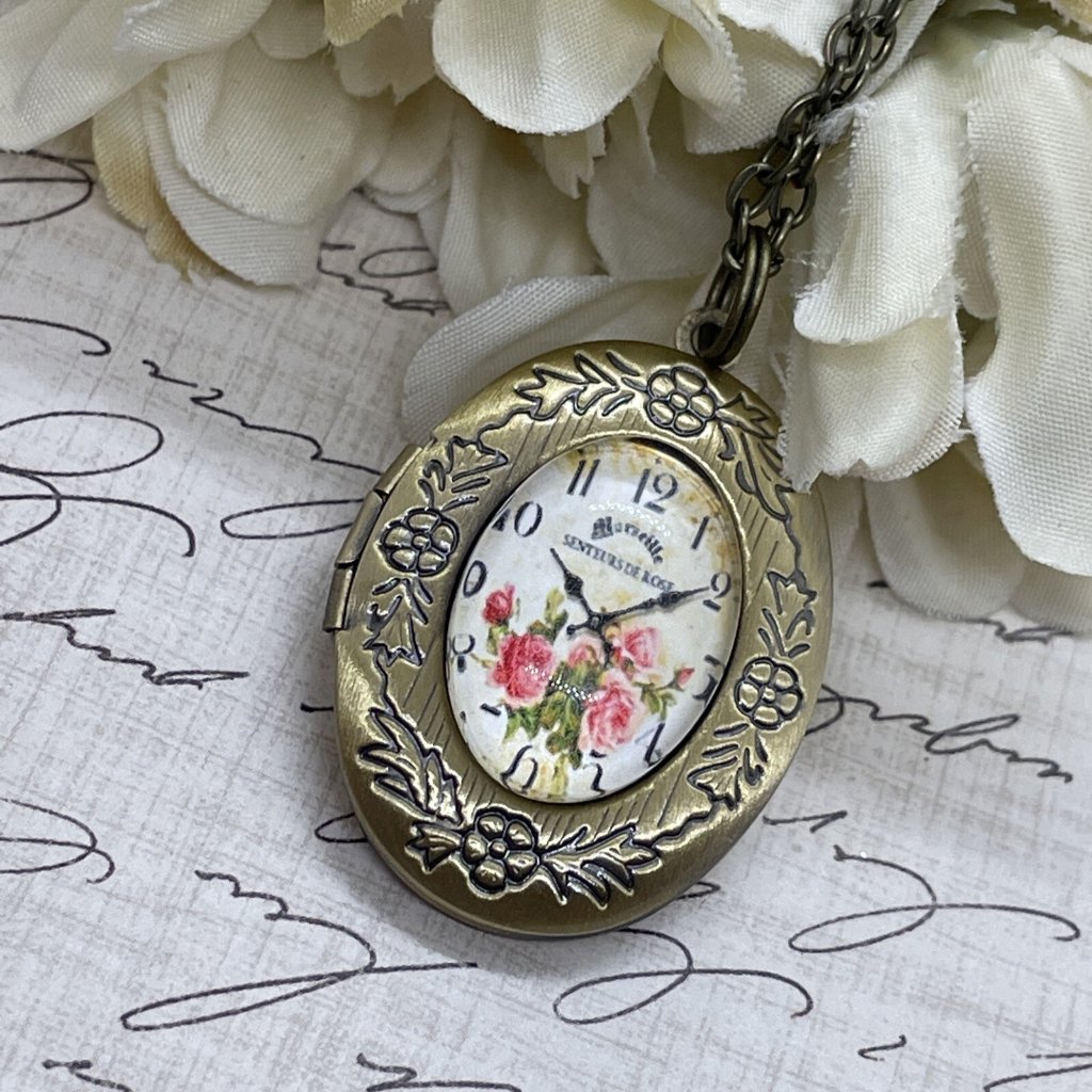 Bronze Gold Clock Roses Victorian Brass Locket Necklace Pendant Wedding Mother